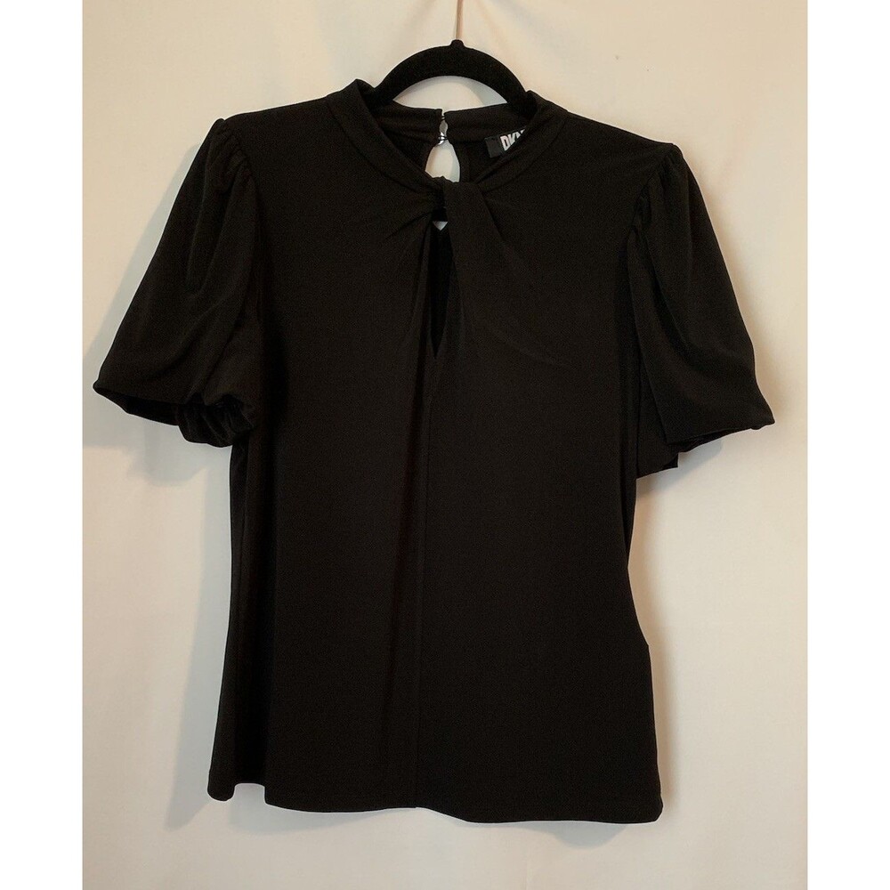 DKNY Womens Black Solid Keyhole Round Neck Bubble Sleeve Blouse Top Size Small